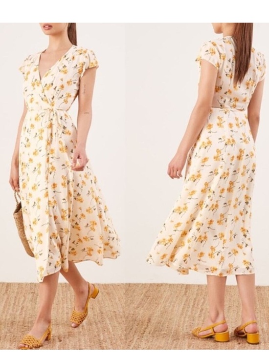 Reformation Dresses & Skirts - Floral Wrap Midi Dress in Cream and Yellow